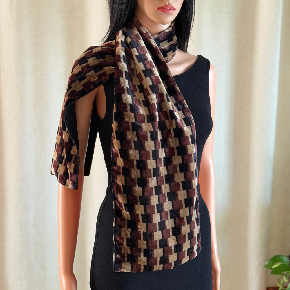 Vtg 90s Geometric Velvet Scarf Black Burgundy Tan Checkerboard Rectangle Wrap